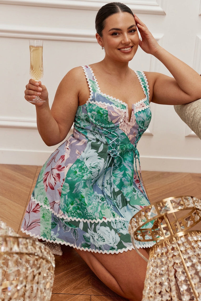 Dawson - Monet Garden Watercolor Floral Print Lace Trim Corset-Style Mini Dress - Plus size model