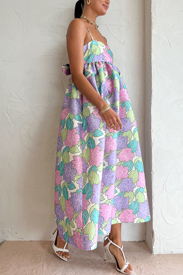 Danielle - Garden Goddess Floral Printed Back Bow Design A-line Midi Dress