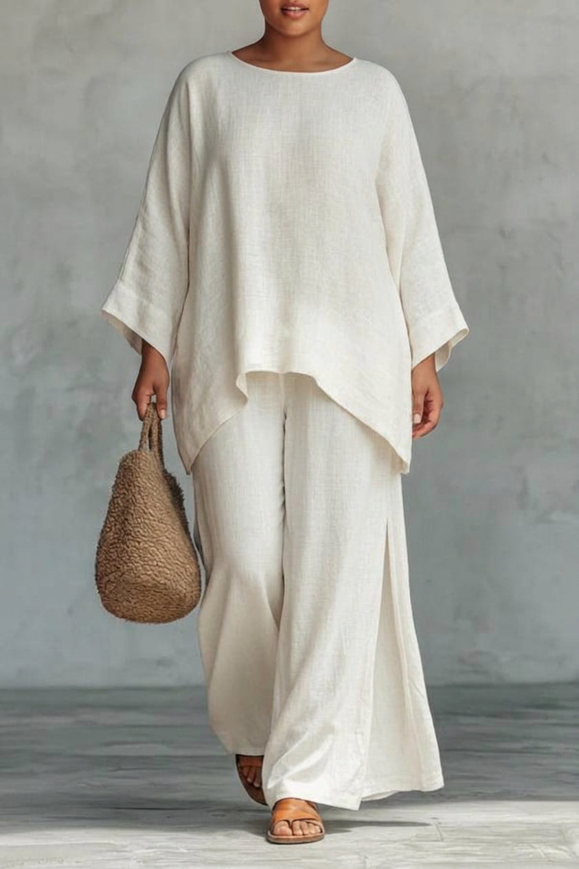 Briar - Linen-Style Oversized Top + Slit Wide-Leg Pants Set - Plus size model