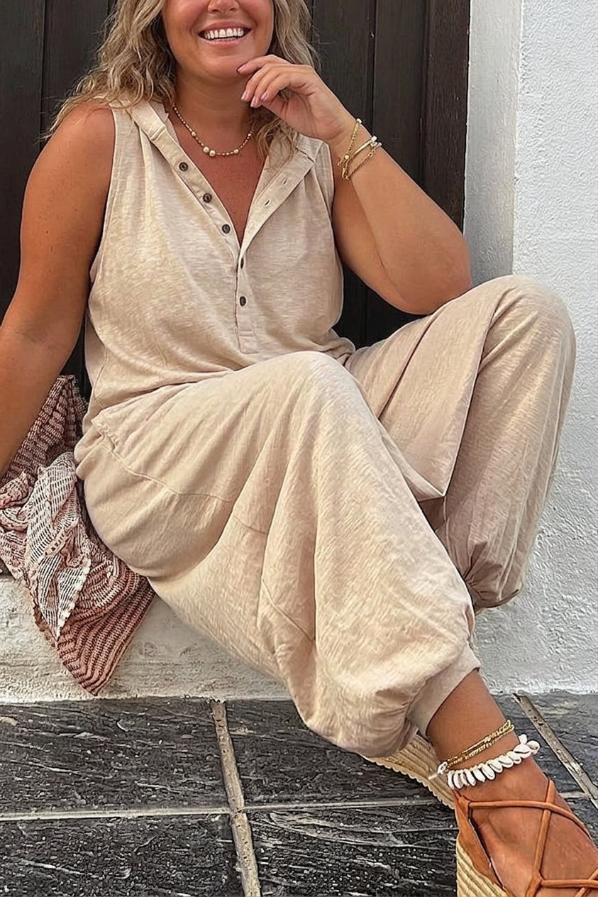 Kendall - Ryker Pocketed Half Button Hooded Jumpsuit - Plus size model