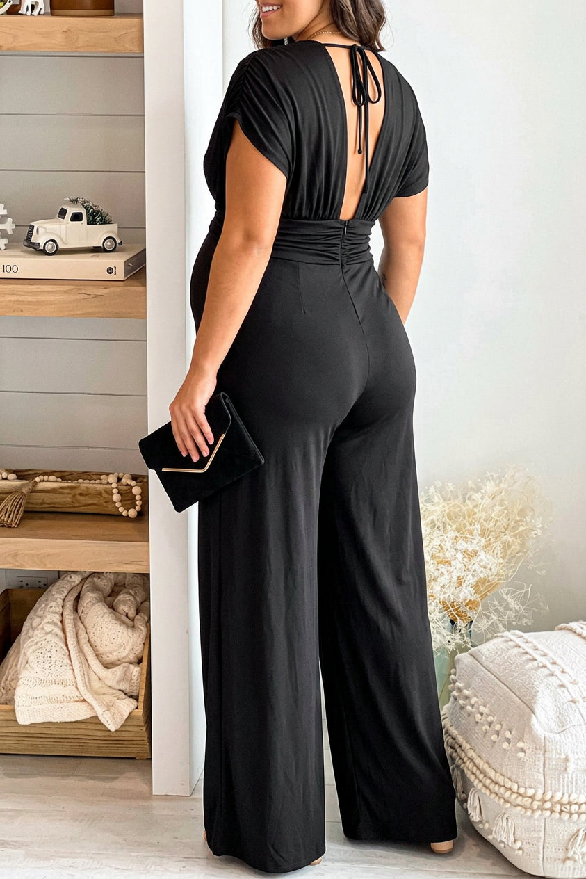 Dawson - V-neck solid slim fit Waist Wide Leg Jumpsuit - Plus size model