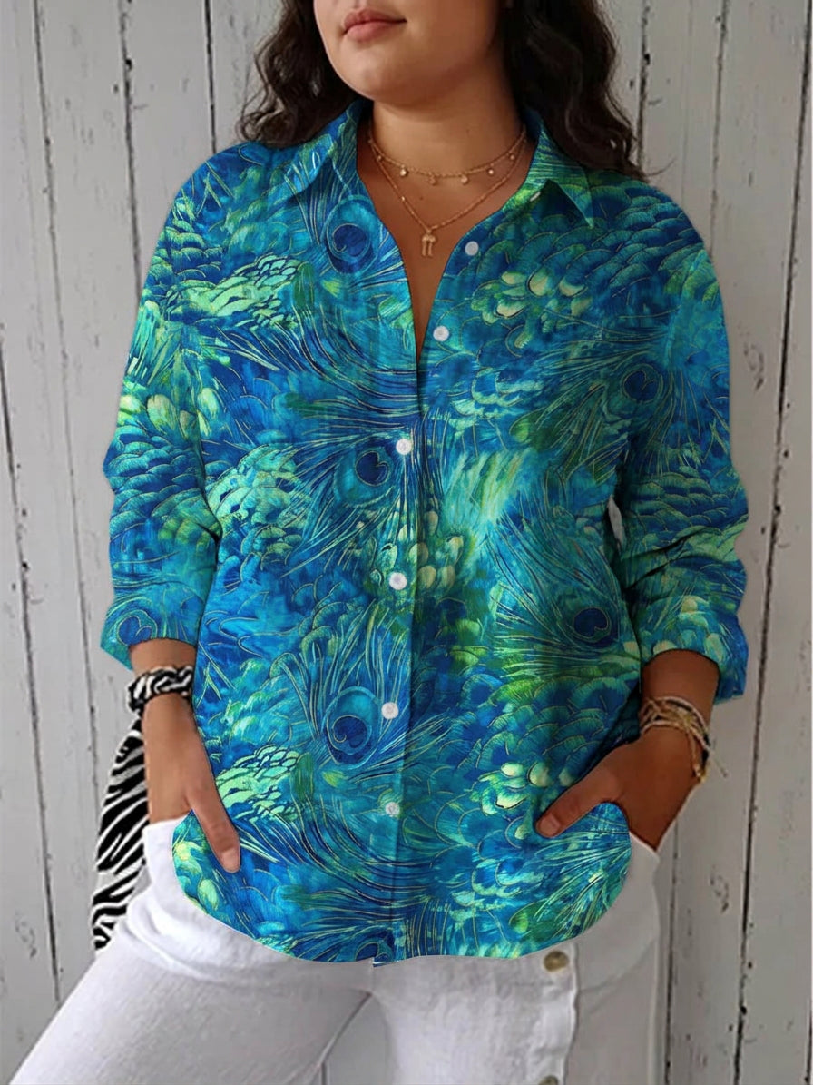 Patricia – Blue Nature Print Blouse - Plus size model