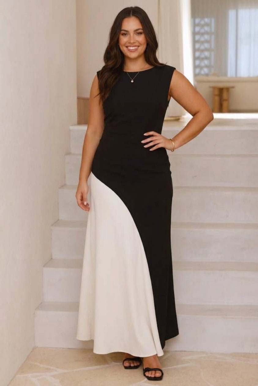 Paisley - Black and White Color Block Sleeveless Evening Gown - Plus size model