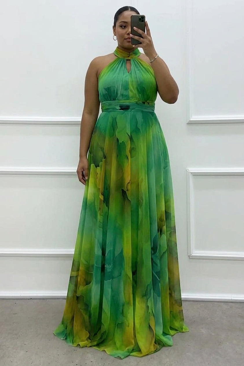 Elaine - Tulle maxi dress with floral print, cut-outs and halterneck - Plus size model