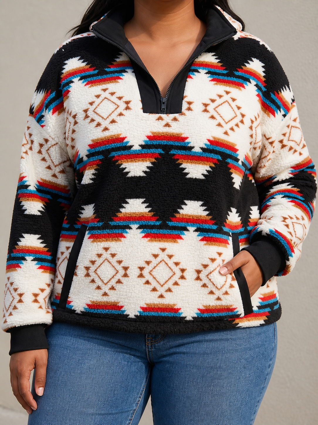 Zephyrine™ | Shawl-Neck Aztec Sherpa Pullover - Plus size model