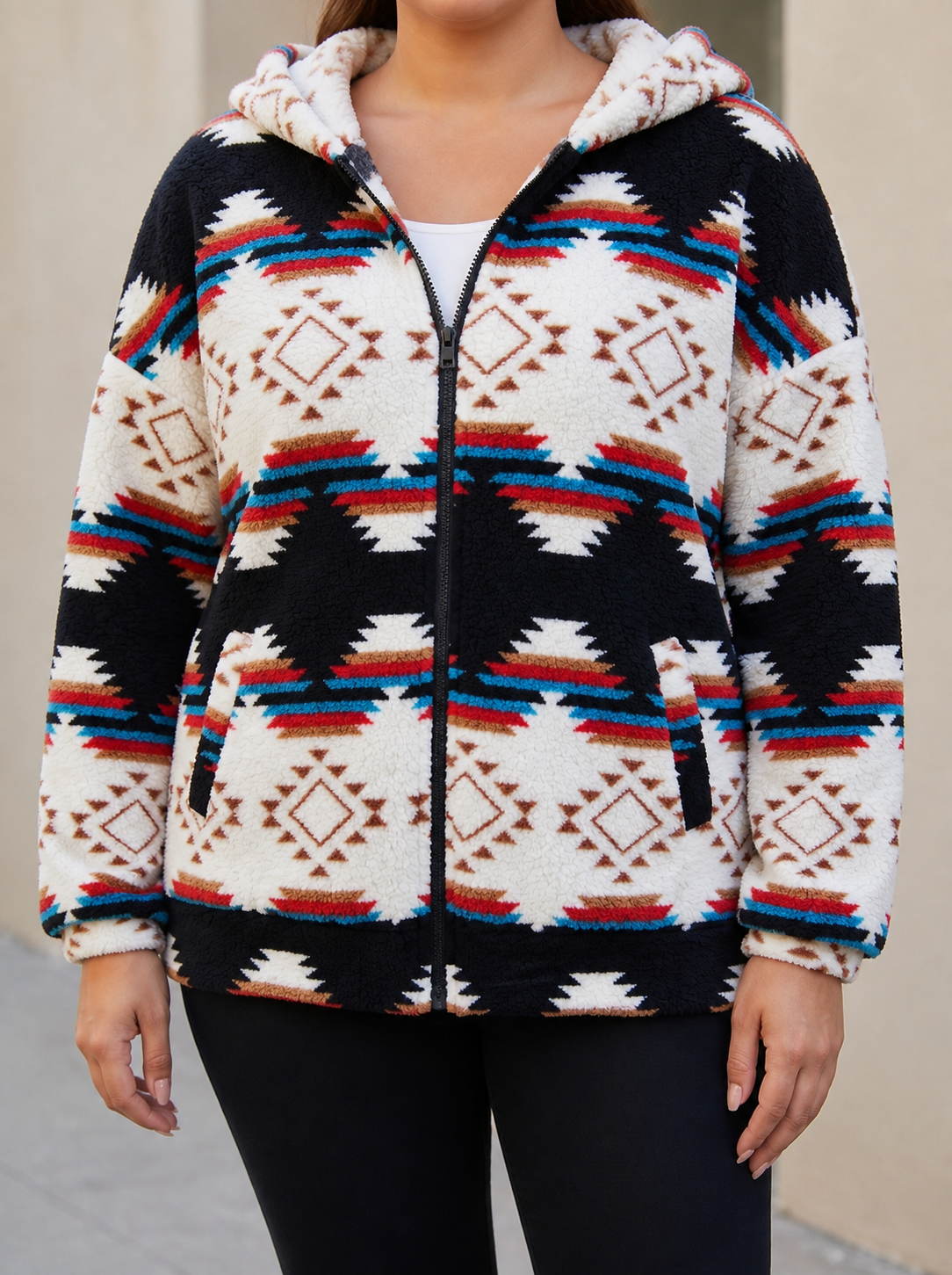 Zephyrine™ | Shawl-Neck Aztec Sherpa Pullover - Plus size model