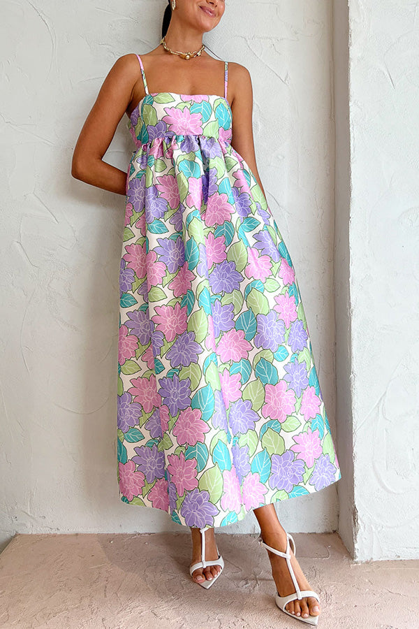 Danielle - Garden Goddess Floral Printed Back Bow Design A-line Midi Dress