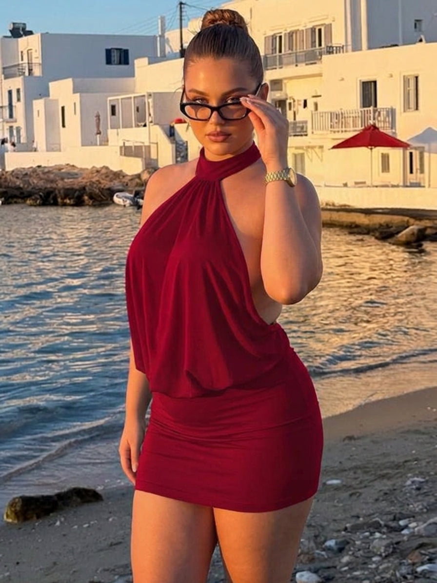 Jiya - Halter Backless Mini Dress - Plus size model