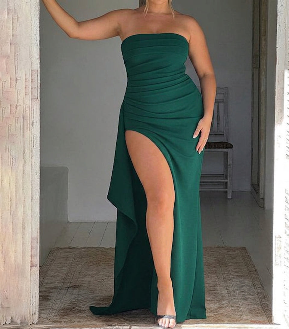 Maxine | Elegant Strapless Ruched High-Slit Maxi Dress - Plus size model