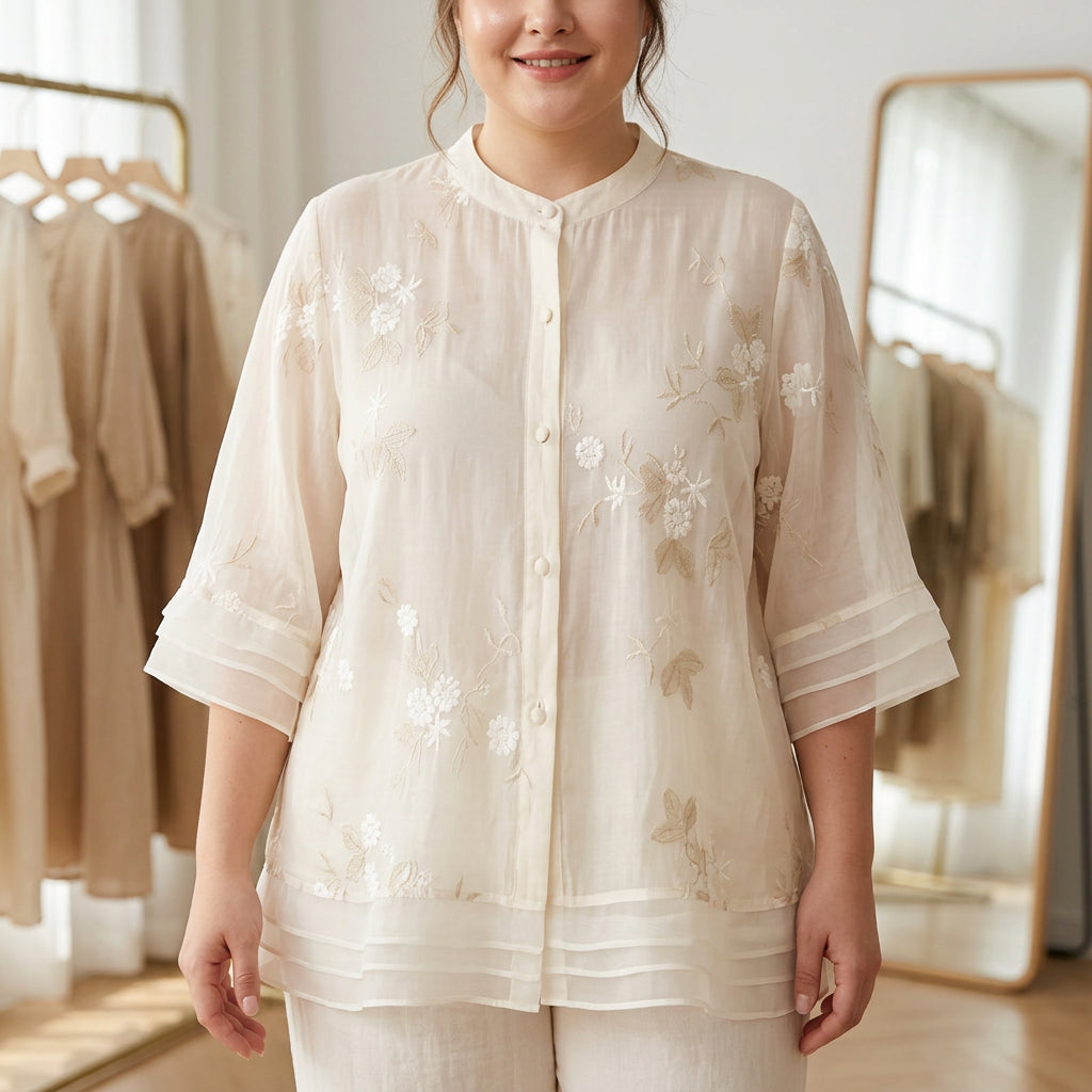 Nellie™ | Elegant Top with Embroidered Flowers - Plus size model