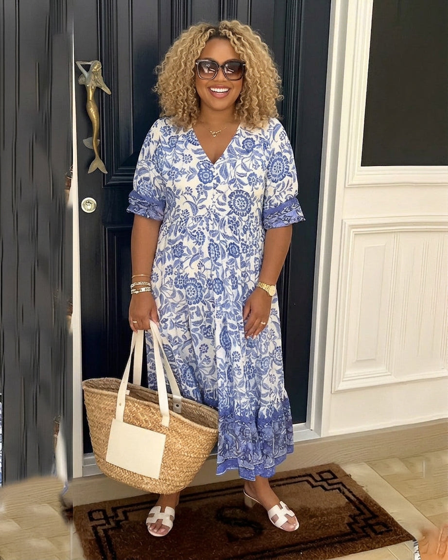 Ellie | Graceful V-Neck Floral Dress - Plus size model