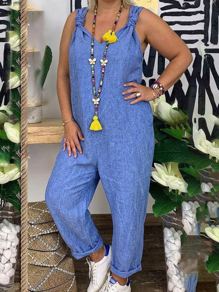 Carter - Solid Cross-back Cotton Linen Loose Jumpsuit - Plus size model