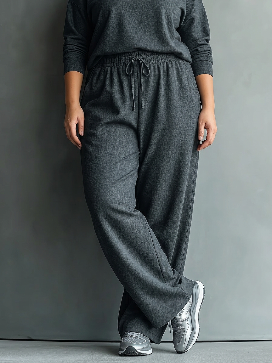 Women's Charcoal Knit Set with High Neck and Wide Leg Pants - Plus size model