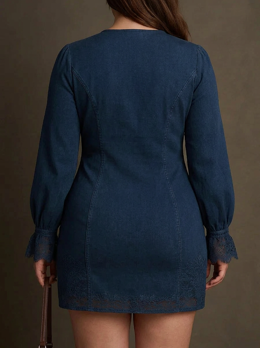 Jasmine – Blue Suede Mini Dress with Lace - Plus size model