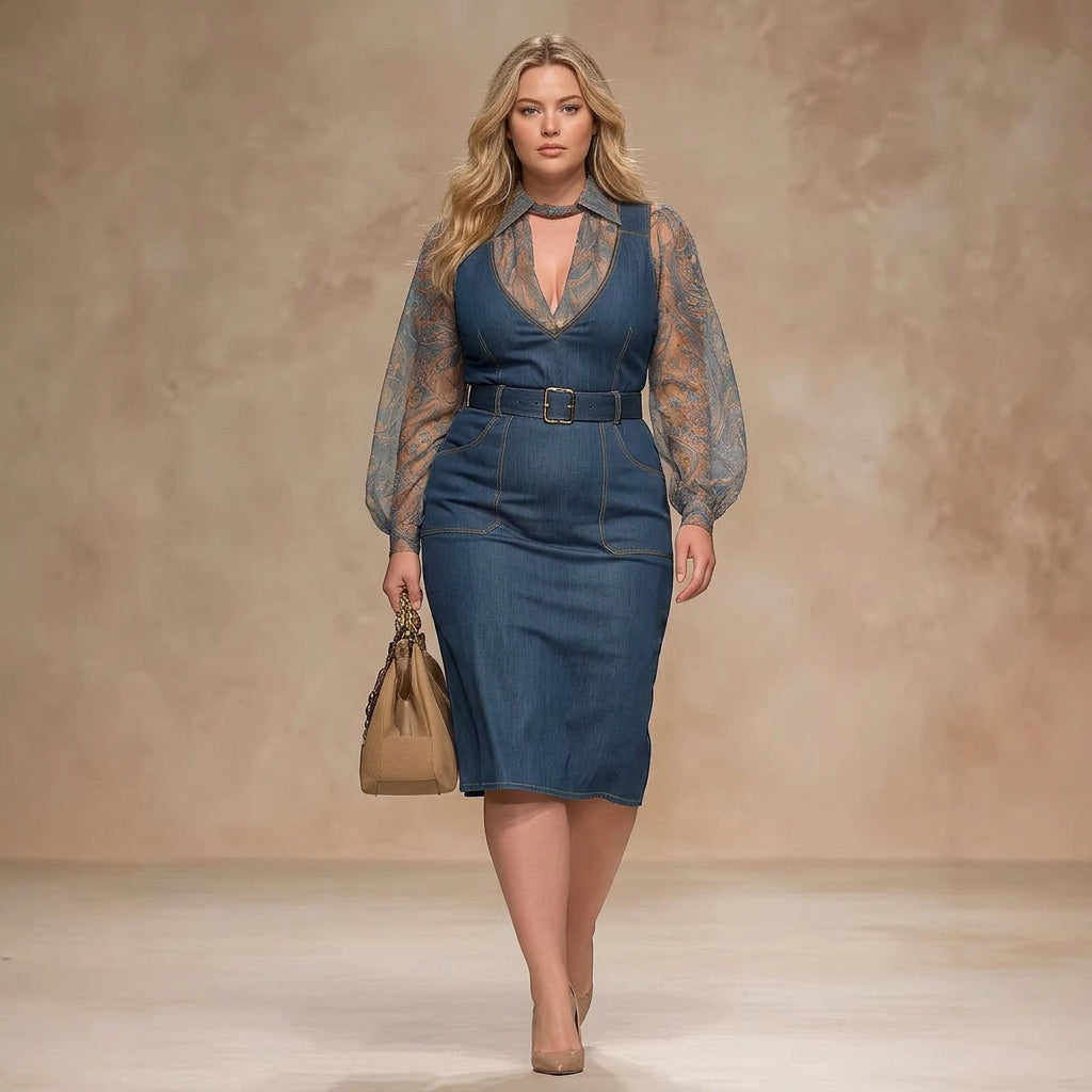 Sophia Blue Denim Jumpsuit - Plus size model