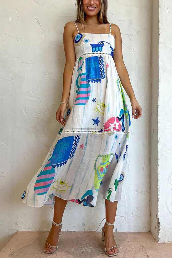Paige - She's The Fun Linen Blend Playful Print Ladder Trim Midi Dress