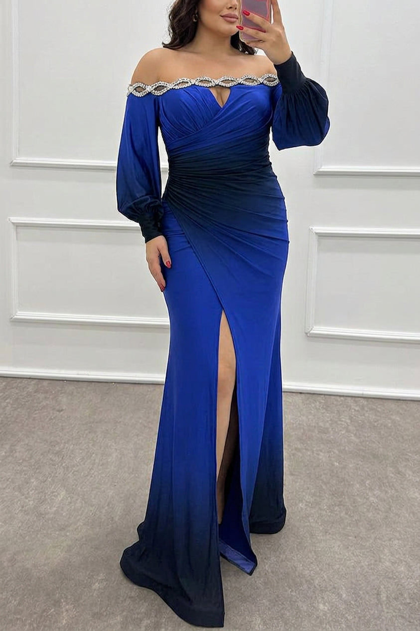 Julieta - Gradient Print Off Shoulder Gem Detail Slit Gown Maxi Dress - Plus size model