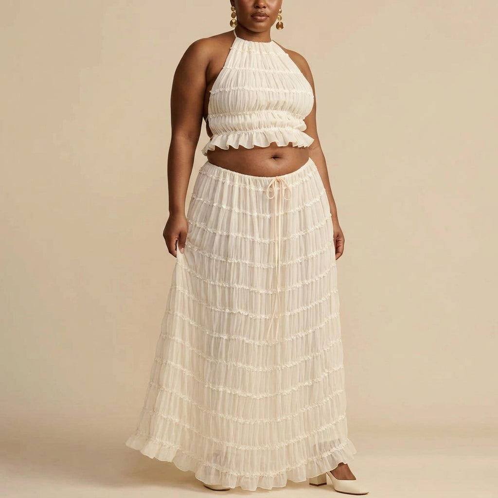Marina | Ruched Halter Crop Top & Maxi Skirt Set - Plus size model