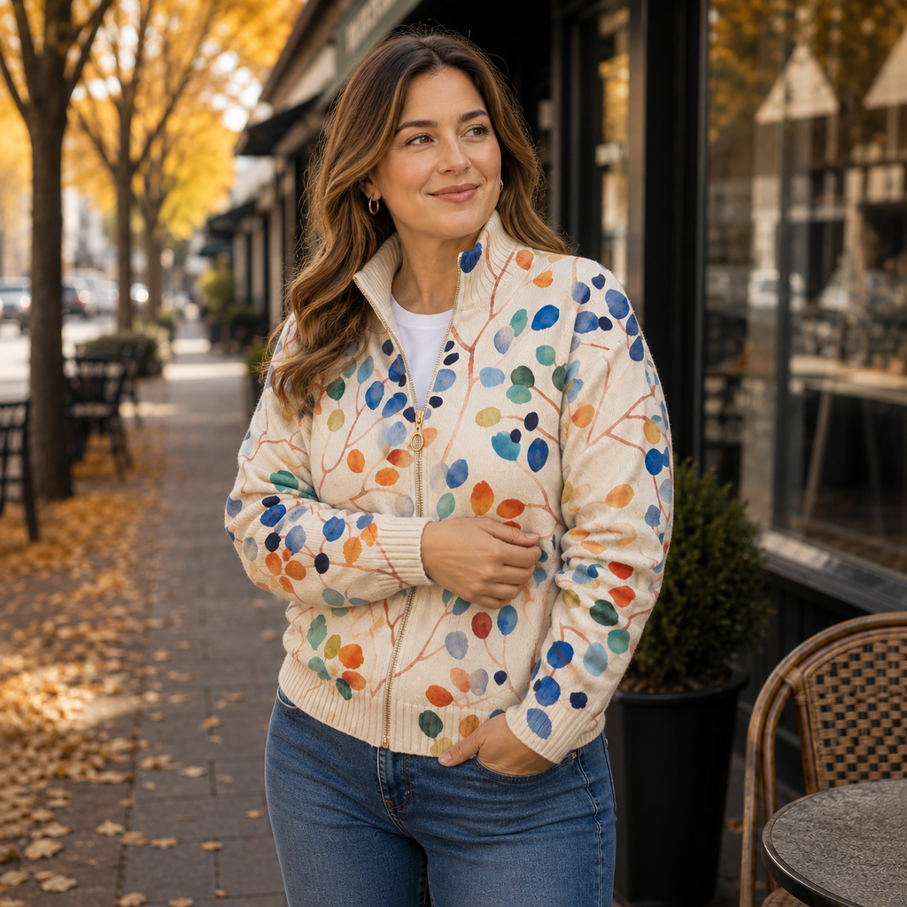 Patricia | Botanical Leaf Print Zip Cardigan - Plus size model