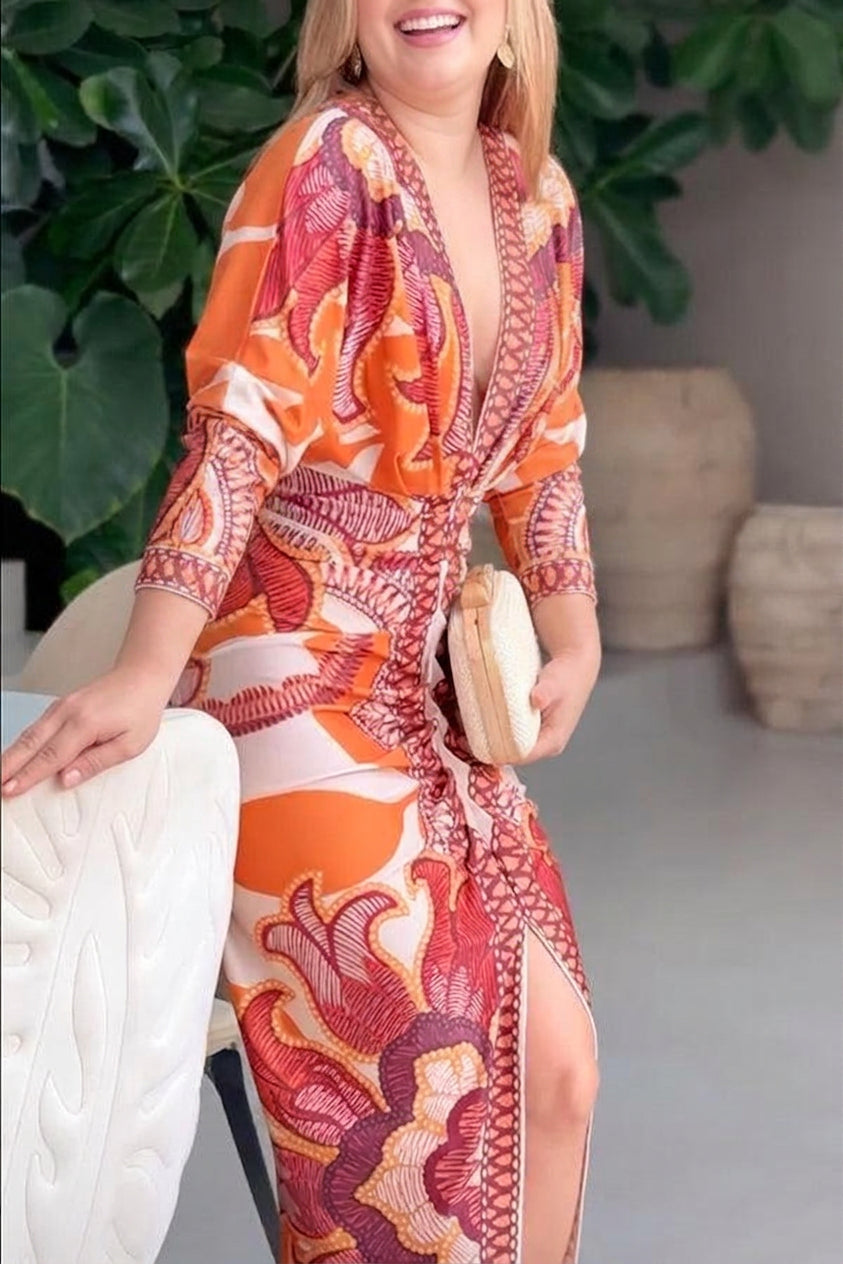 Eva | Sun Escape Unique Print Dolman Midi Dress - Plus size model