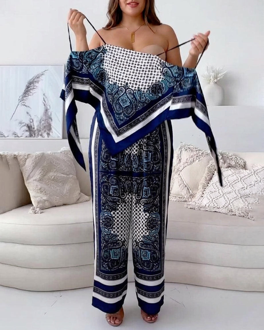 Helen | Vacation Ready Stylish Lace-Up Vest & Pants Two-Piece Set Dress - Plus size model