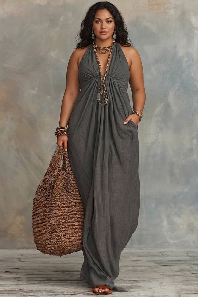 Aspen - Boho Dark Grey Textured Halter Maxi Dress - Plus size model