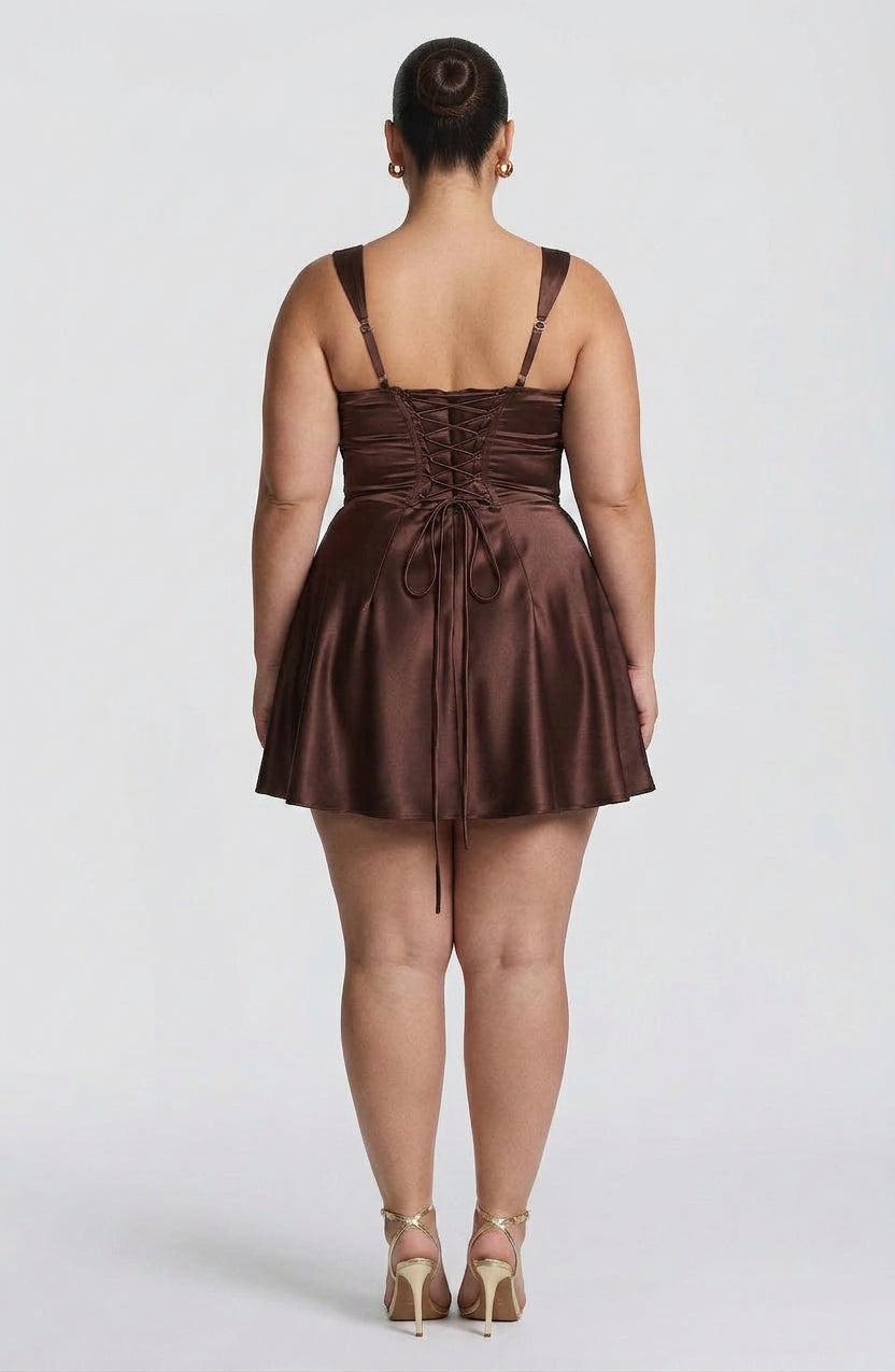 Calanthe Mini Dress - Plum Brown - Plus size model