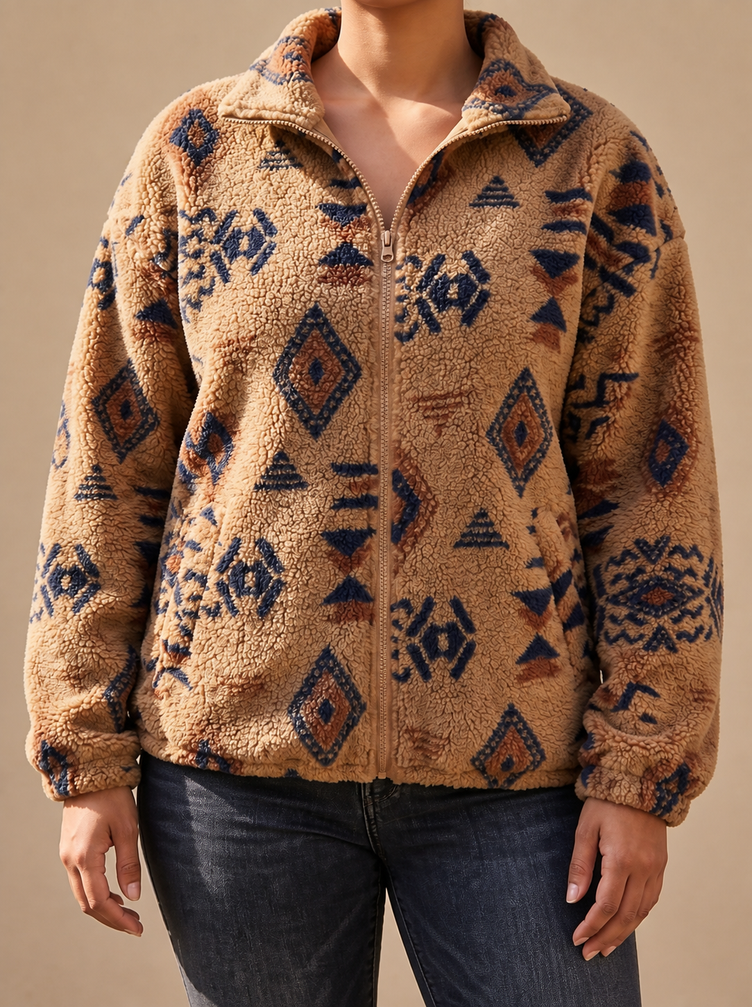 Roanne™ | Camel Aztec Sherpa Bomber - Plus size model