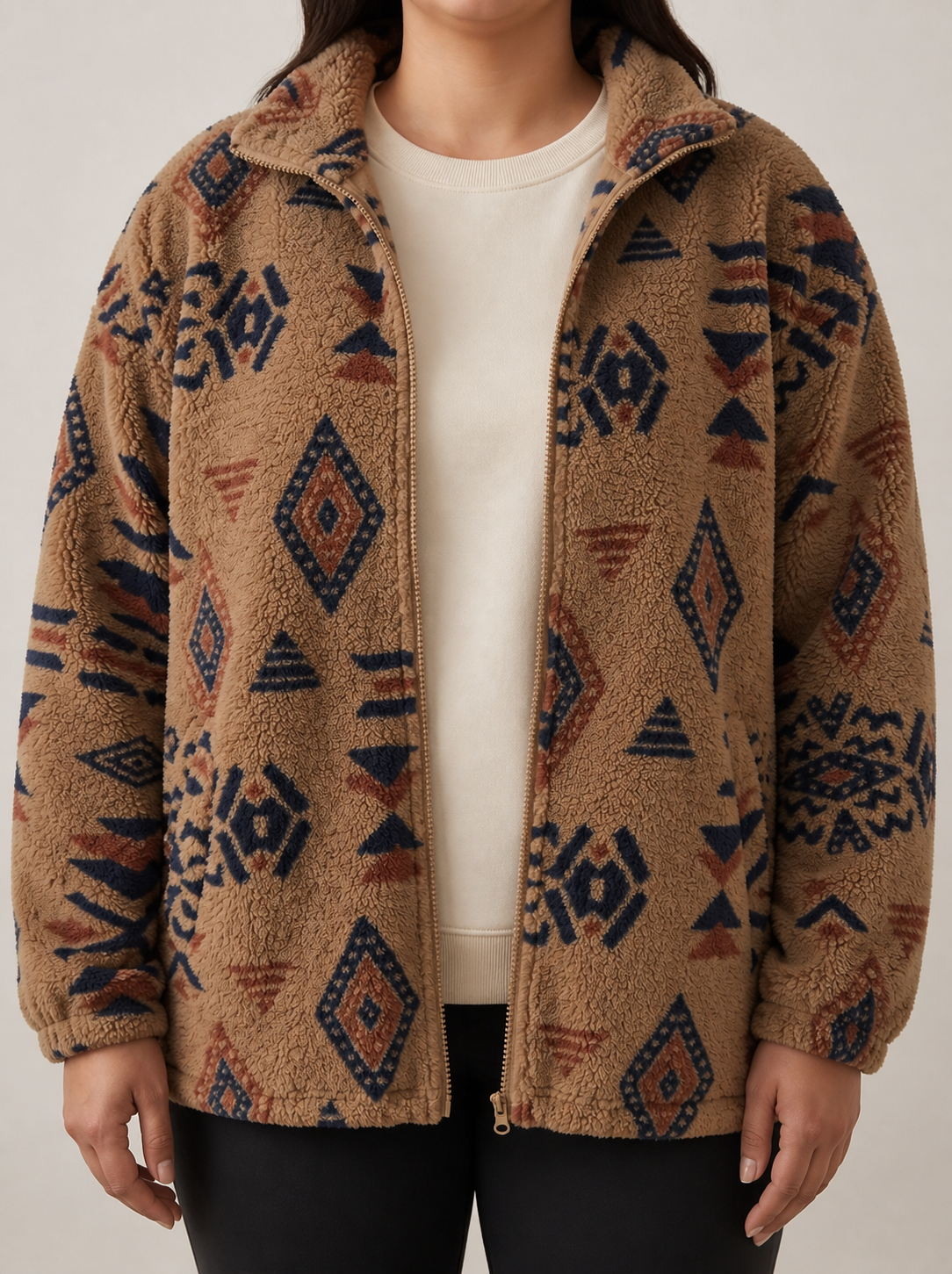 Roanne™ | Camel Aztec Sherpa Bomber - Plus size model
