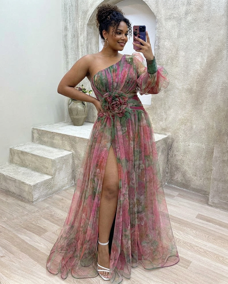 Cecelia - Dress with one sleeve - Plus size model
