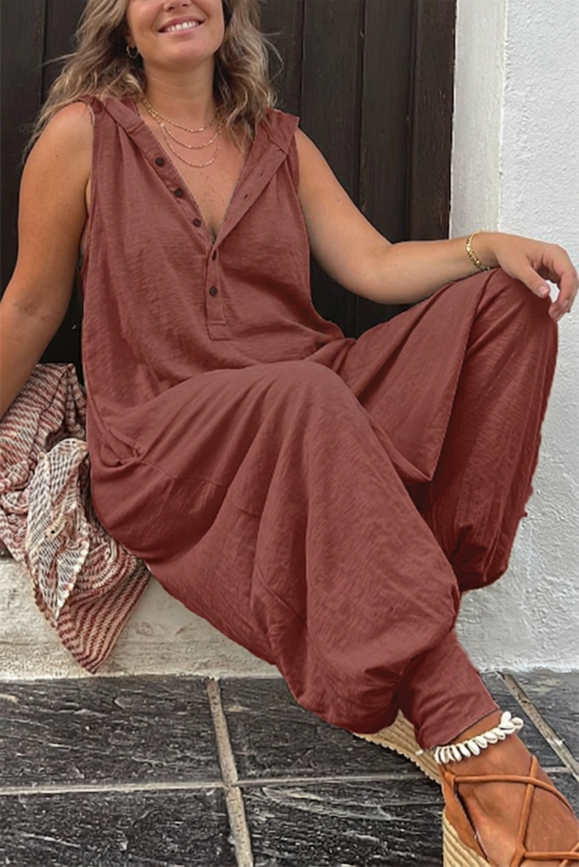 Kendall - Ryker Pocketed Half Button Hooded Jumpsuit - Plus size model