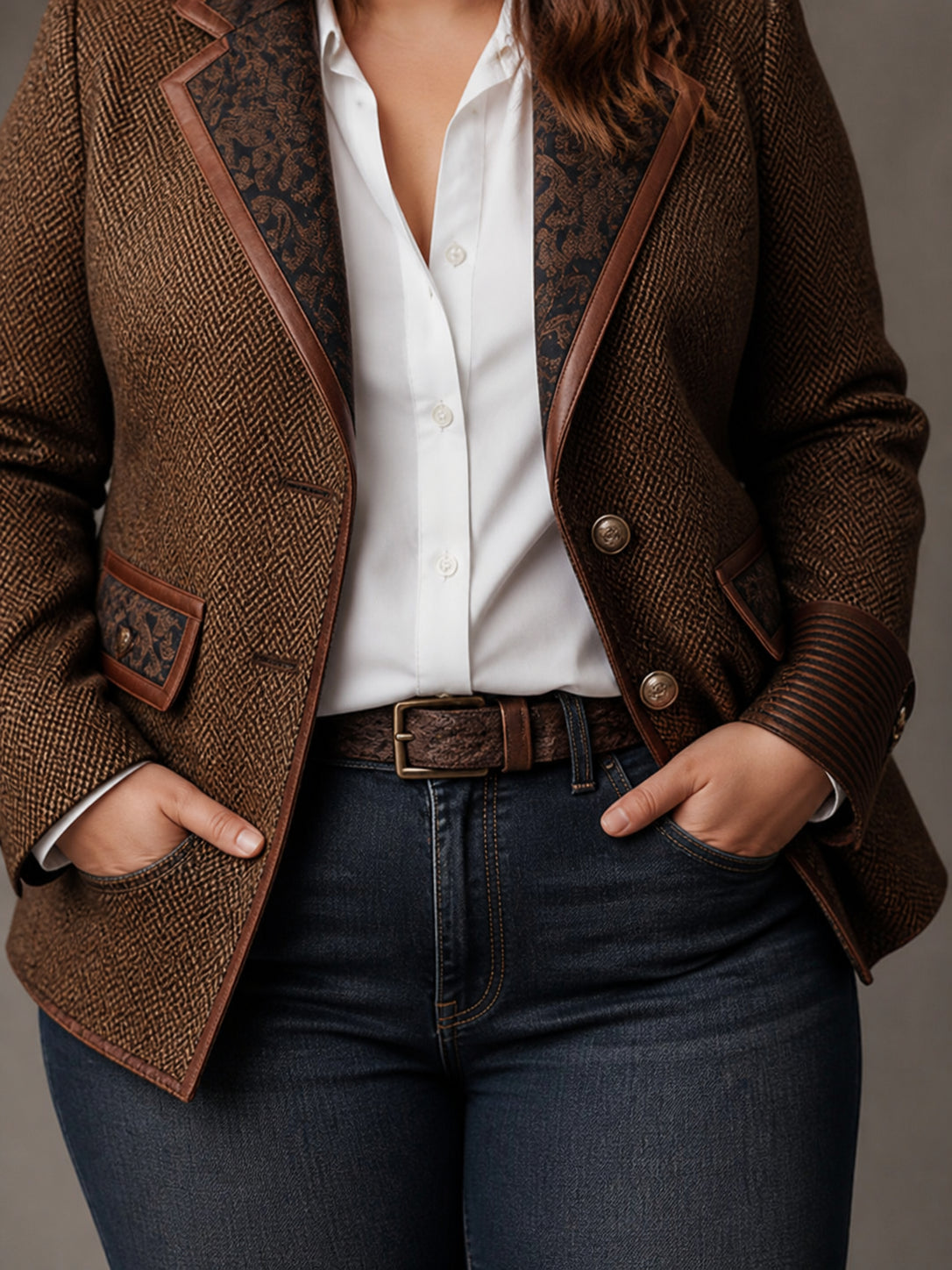 Women's Herringbone Printed Panel Blazer - Plus size model