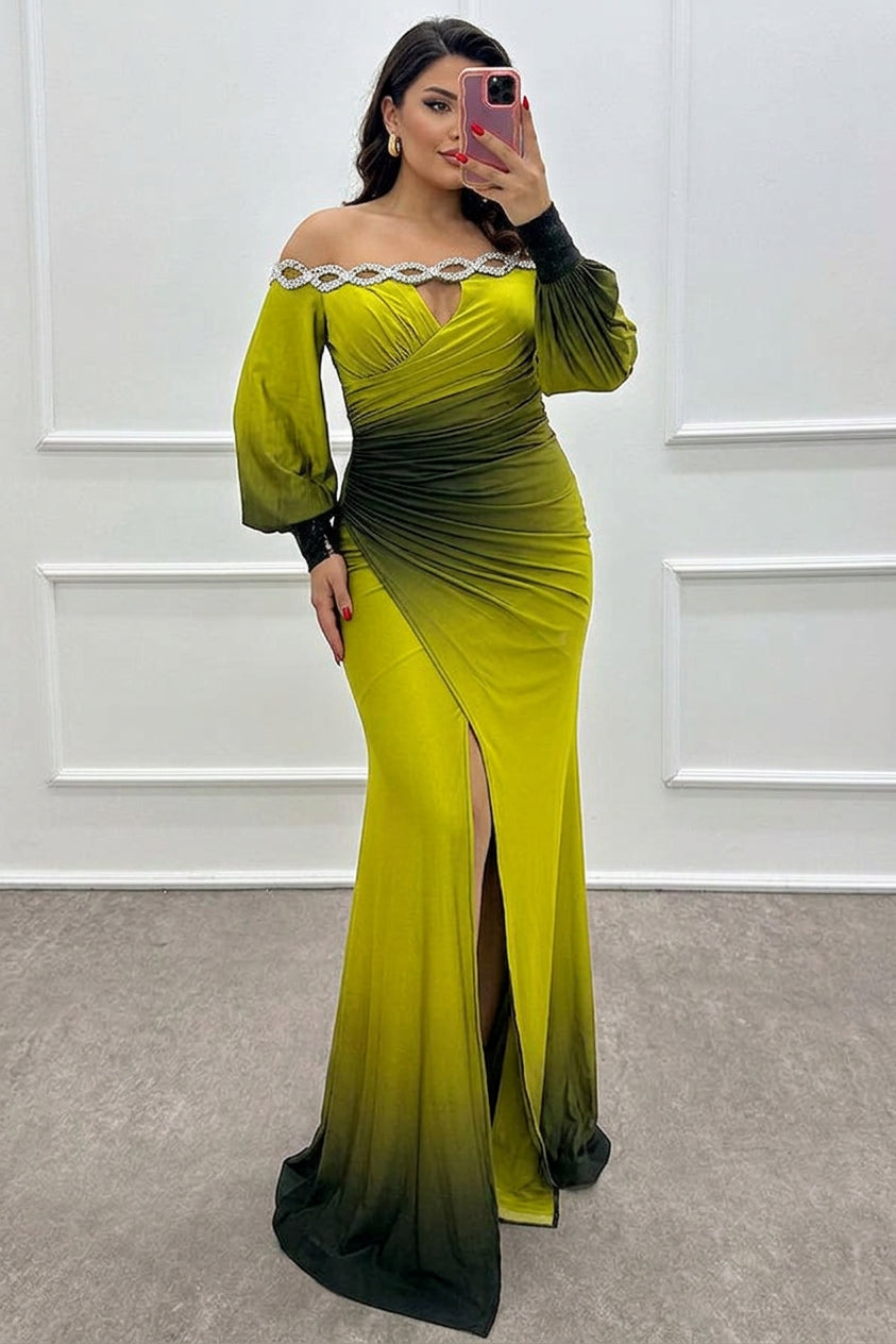 Julieta - Gradient Print Off Shoulder Gem Detail Slit Gown Maxi Dress - Plus size model
