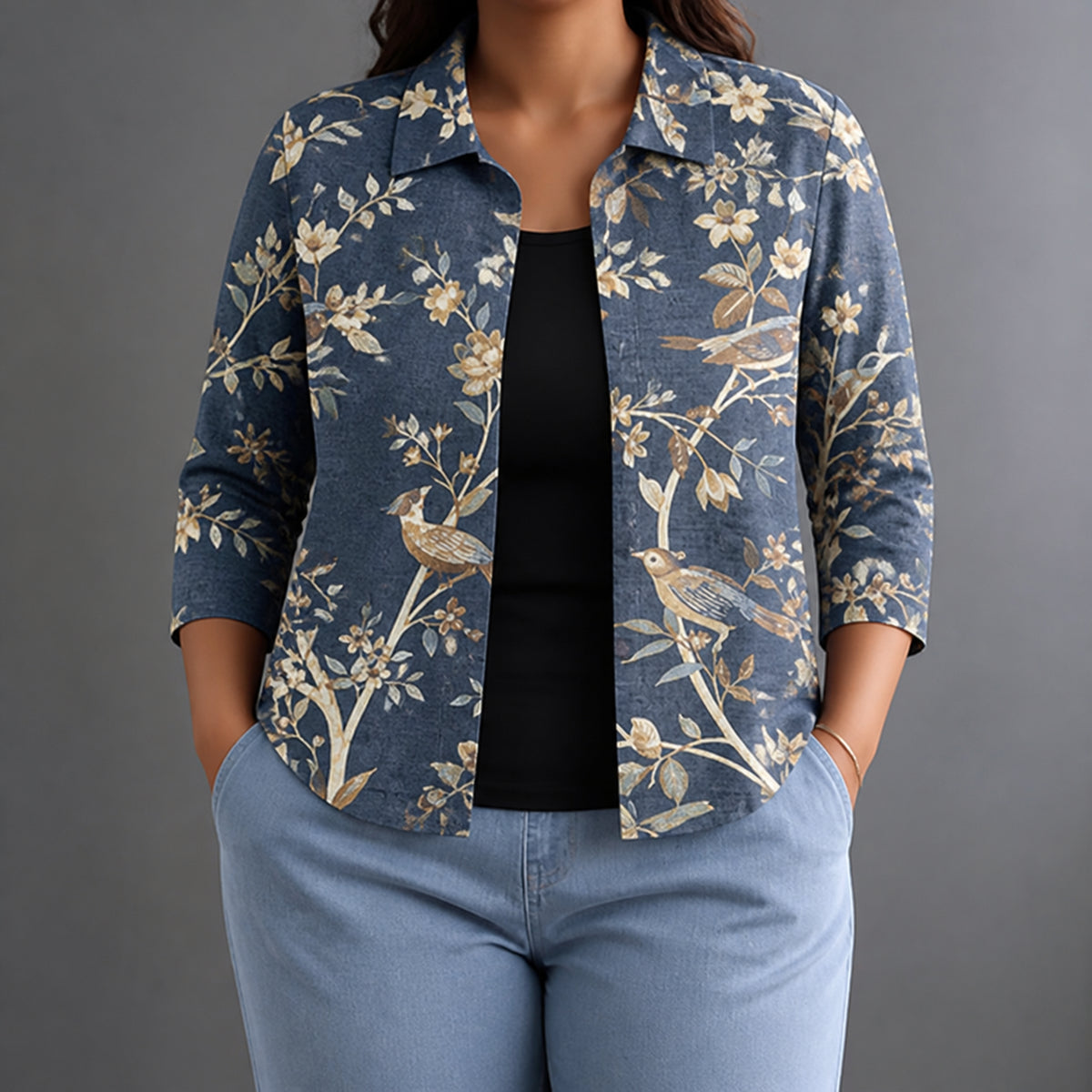 Beverly | Painted Bird Print Relaxed Open Shirt - Plus size model