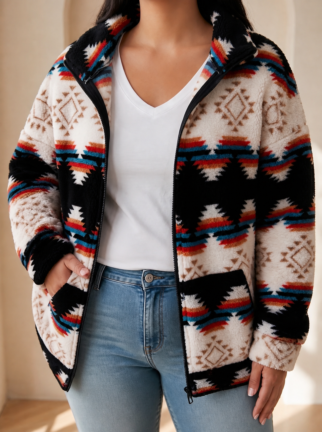 Cheyenne™ | Bold Aztec Sherpa Jacket - Plus size model