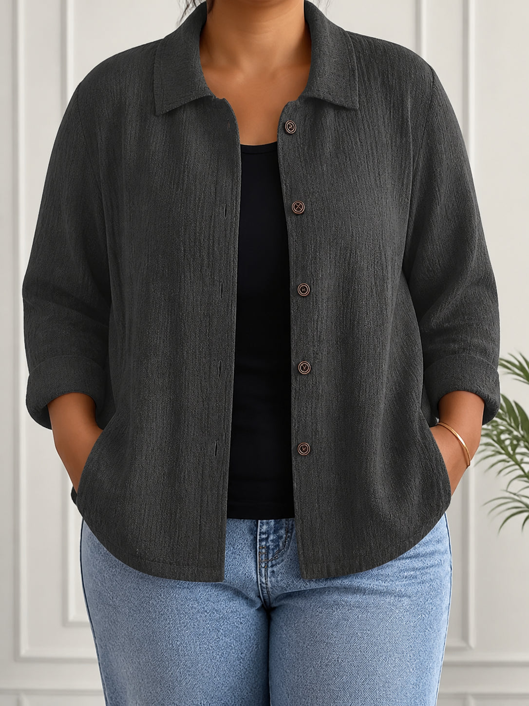Carol| Crinkle Weave Button-Through Blouse - Plus size model