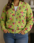 Susan | Pink Floral Lime Zip Cardigan - Plus size model