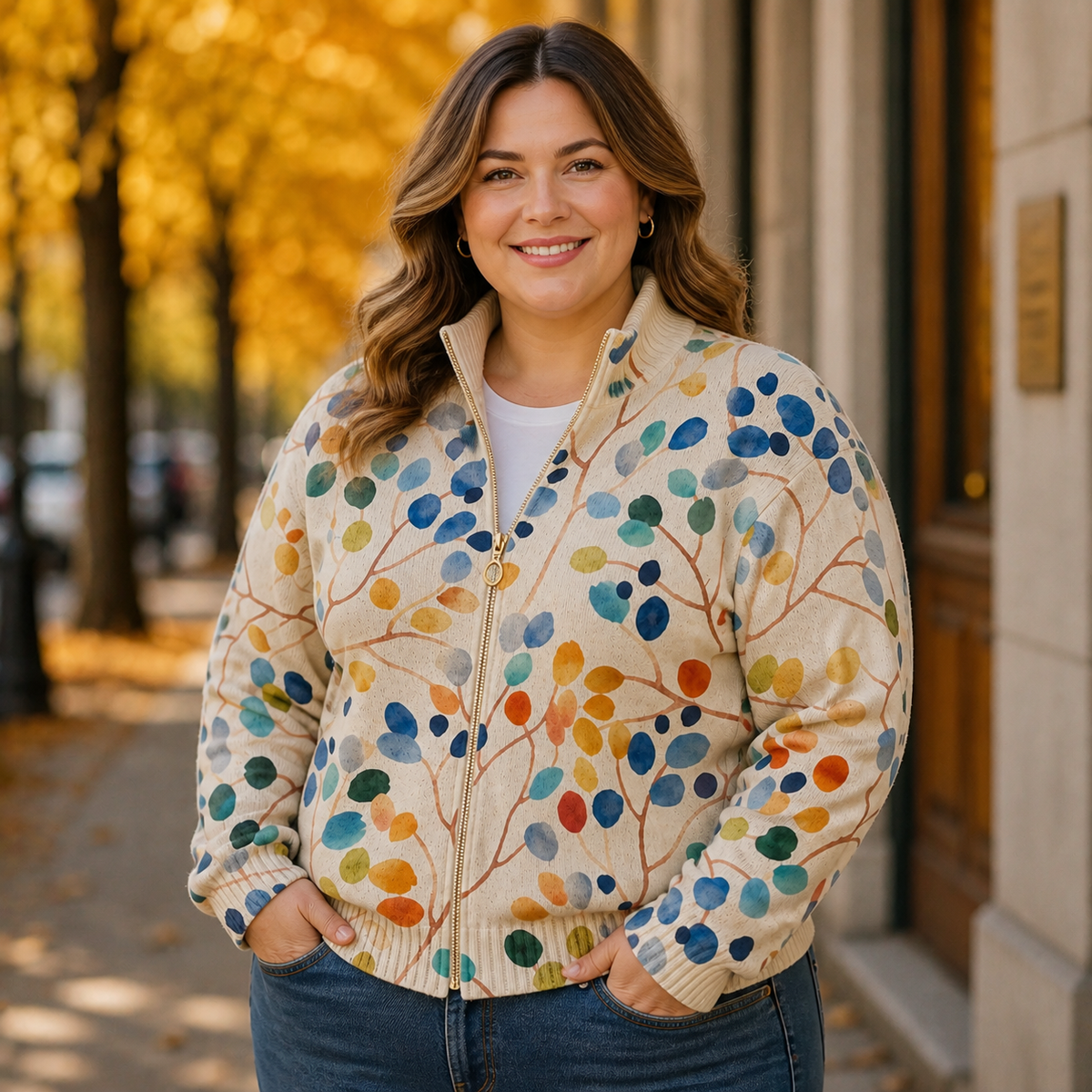 Patricia | Botanical Leaf Print Zip Cardigan - Plus size model