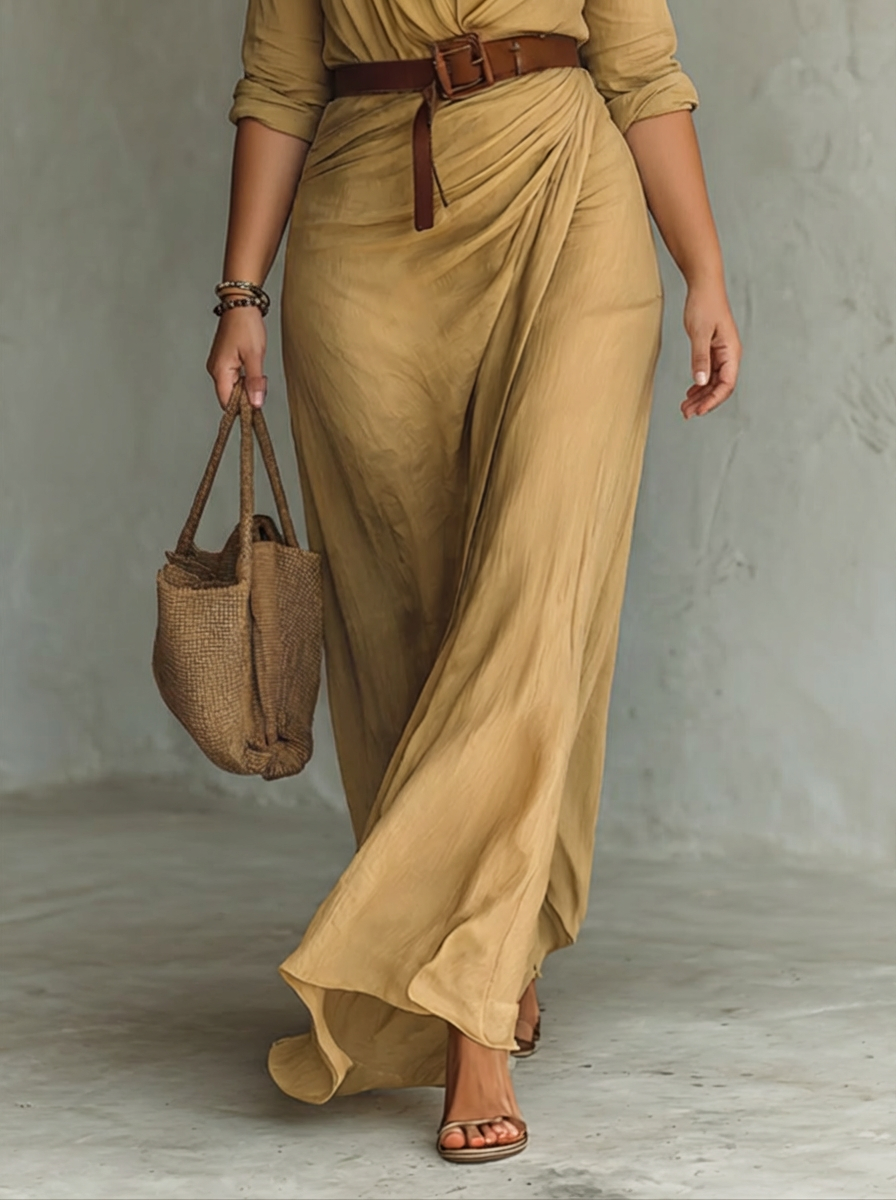 Long Maxi Dress with Notched Collar and Long Sleeves for Women - Plus size model