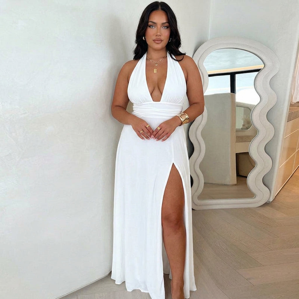 Emma | Elegant Halter Neck High-Slit Maxi Dress - Plus size model