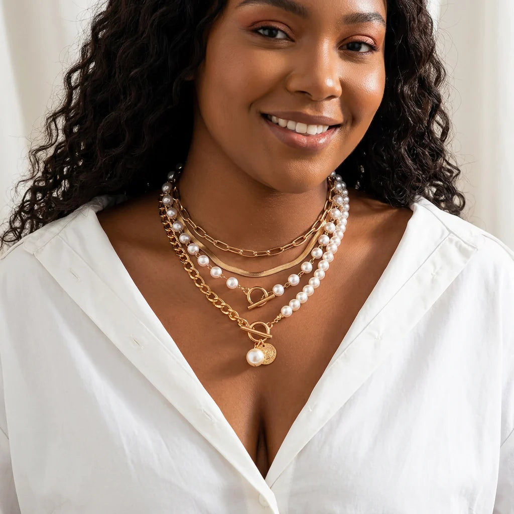 Vintage Pearl & Gold Snake Chain Necklace Set | Gold - Plus size model