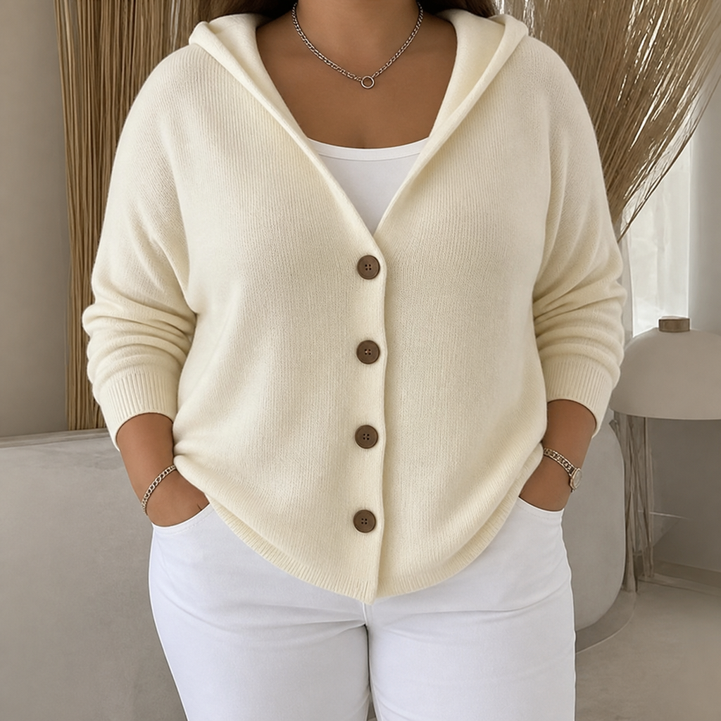 Darienne | Hooded Button-Up Knit Cardigan - Plus size model