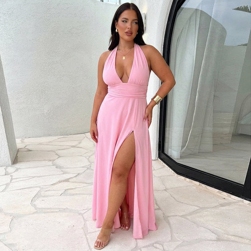 Emma | Elegant Halter Neck High-Slit Maxi Dress - Plus size model