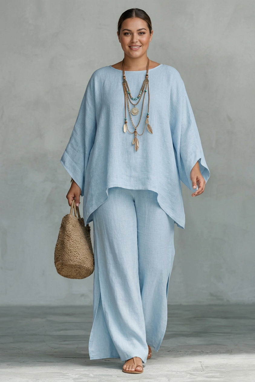 Briar - Linen-Style Oversized Top + Slit Wide-Leg Pants Set - Plus size model