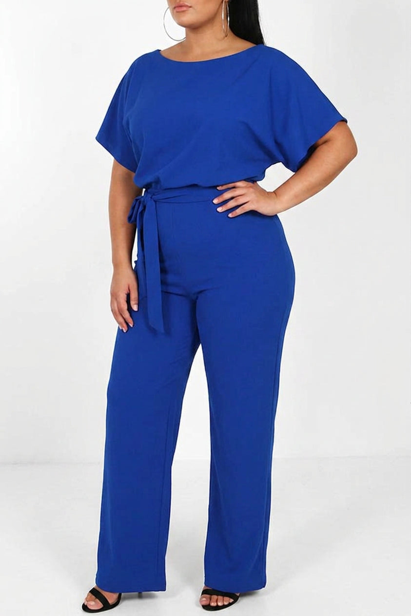 Delaney - Summer button tie short sleeved Jumpsuit - Plus size model