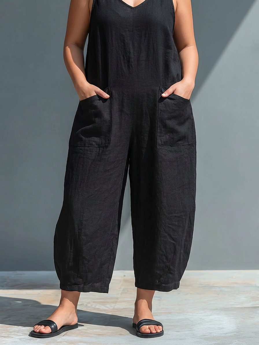 Sleeveless Minimalist Jumpsuit for Women with High Collar and Buttons - Plus size model