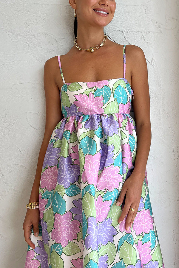 Danielle - Garden Goddess Floral Printed Back Bow Design A-line Midi Dress