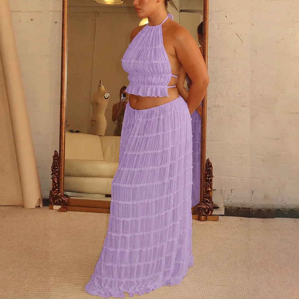 Marina | Ruched Halter Crop Top & Maxi Skirt Set - Plus size model