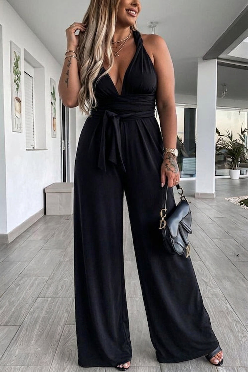 Tessa - Solid Color Slim V Neck Lace Up Sleeveless Jumpsuit - Plus size model