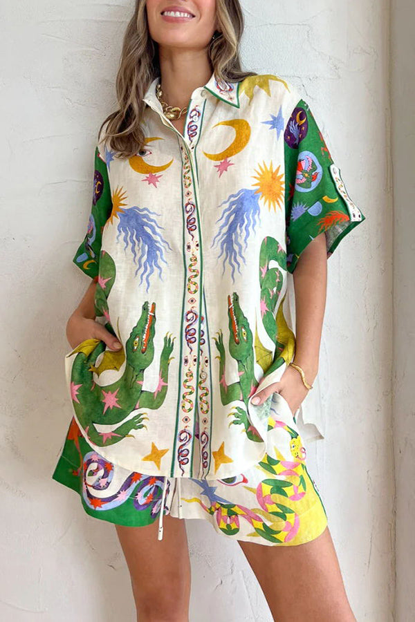 Faith - Days of Heaven Linen Blend Unique Print Blouse and Elastic Waist Pocketed Shorts Set